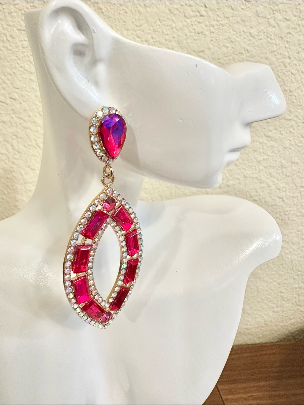 Elegant Crystal Fuchsia Pink Teardrop & Marquise Crystal Drop Earrings
